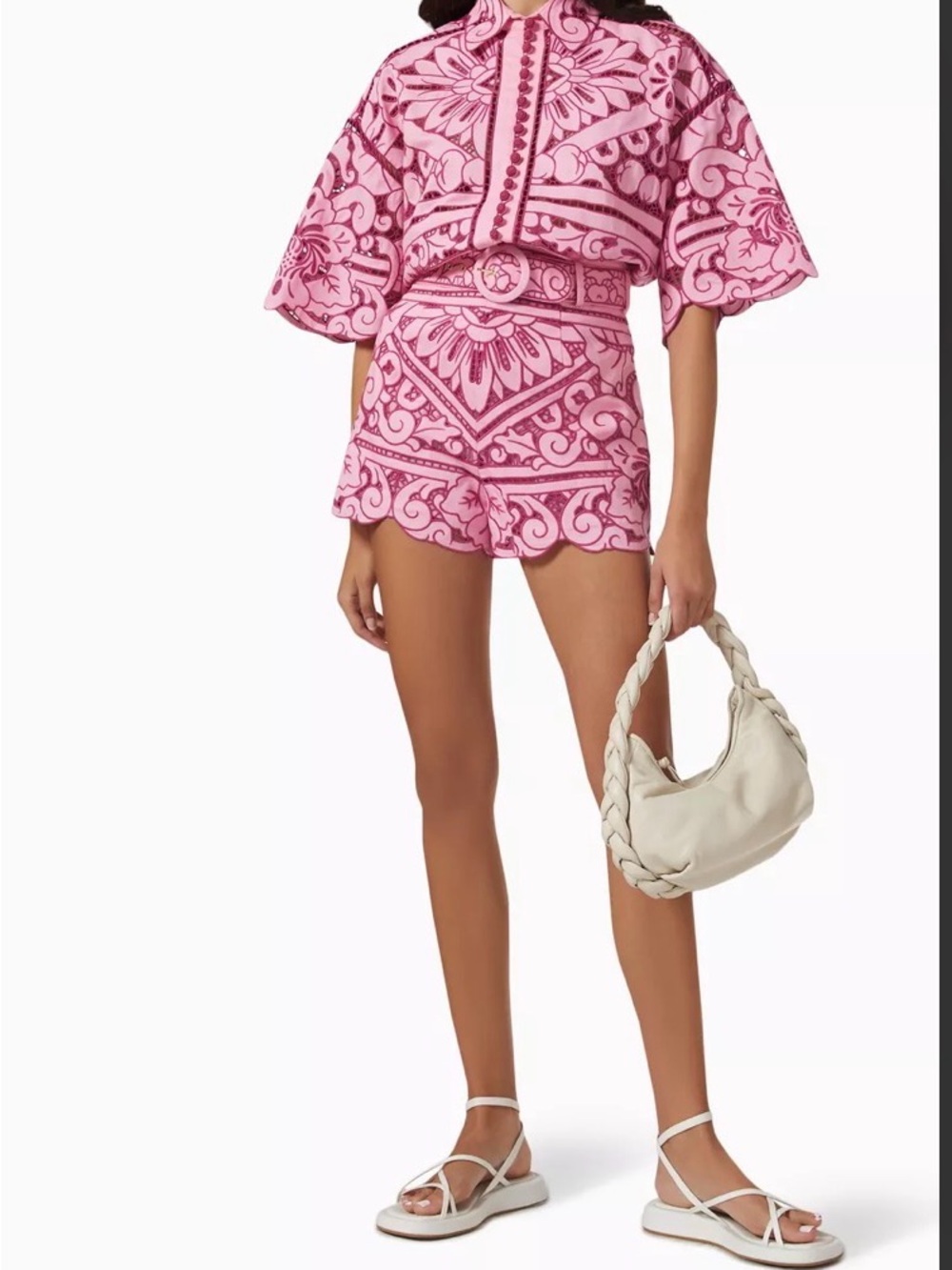 Zimmermann Pink Patterned High-Waist Scallop Hem Shorts